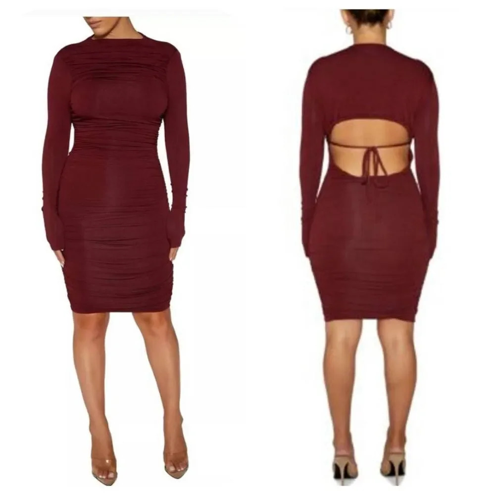Naked Wardrobe RUCHED LONG SLEEVE CUTOUT MINIDRESS Sz L Burgundy